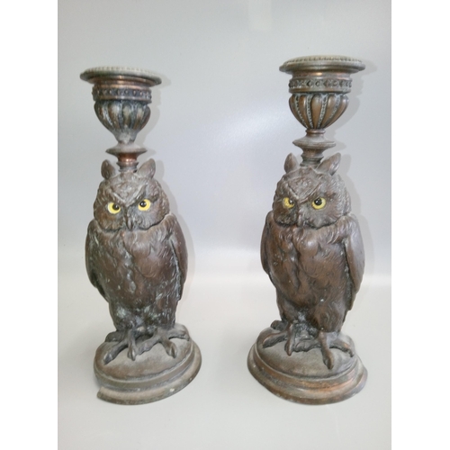 803 - A Pair of Cast Iron Owl Shape Candlestick Holders. 1 with damage to base as pictured.