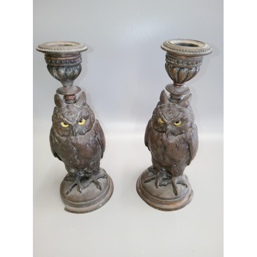 803 - A Pair of Cast Iron Owl Shape Candlestick Holders. 1 with damage to base as pictured.