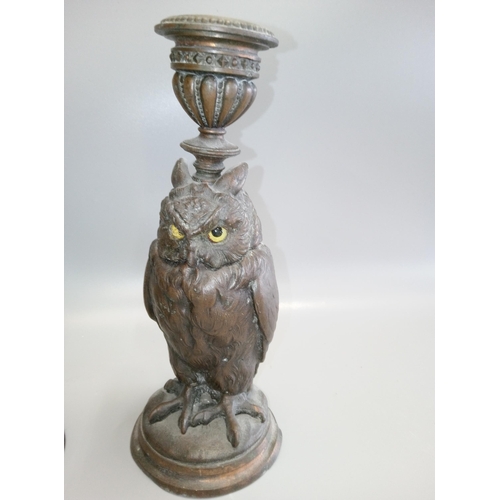 803 - A Pair of Cast Iron Owl Shape Candlestick Holders. 1 with damage to base as pictured.