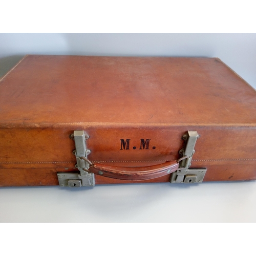 1229 - Vintage Leather Suitcase with M.M Embossed.