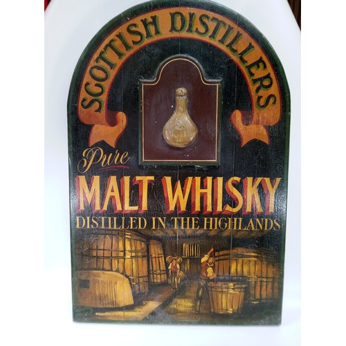 157 - Scottish Distillers Pure Malt Whisky Sign on Wood. 93cm x 62cm.