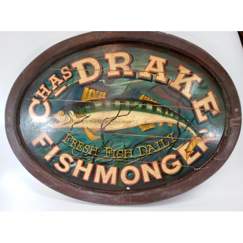 156 - Chas Drake Fish Monger Sign. 68cm x 90cm.