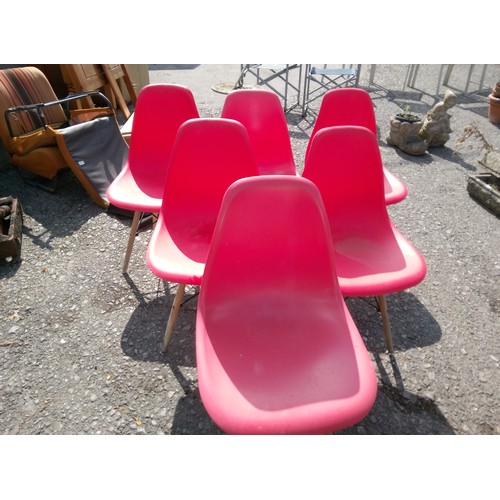 1261 - 6 Modern Red Plastic Chairs Wooden Legs.