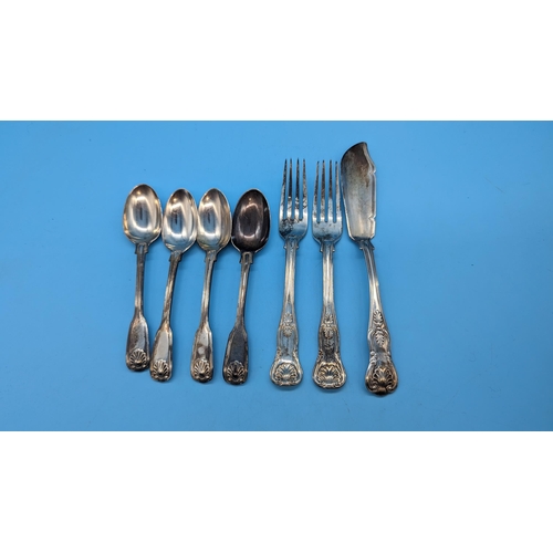 546 - A Quantity of Hall Marked Kings Pattern Silver Cutlery. Chawner and Co, George William Adams 1853.
3... 