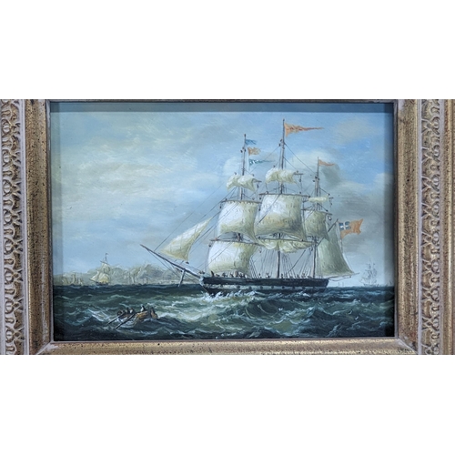 822B - A Miniature Oil on Board of a British Man O War. 36 x 31 cm in Frame.