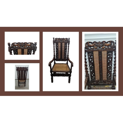 355 - Gothic Revival Carved Oak and Rattan Chair.