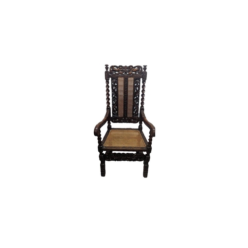 355 - Gothic Revival Carved Oak and Rattan Chair.