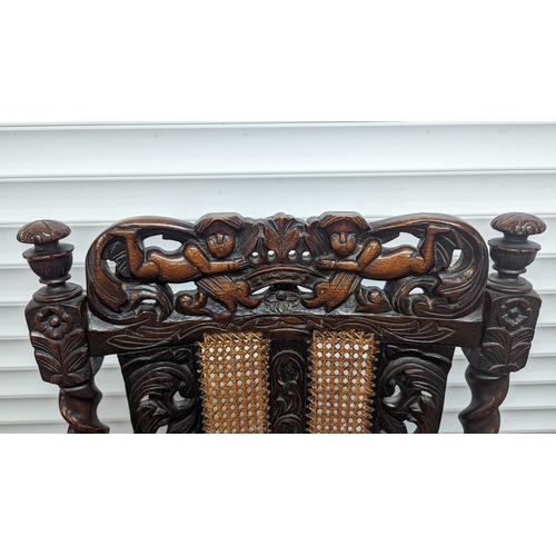 355 - Gothic Revival Carved Oak and Rattan Chair.