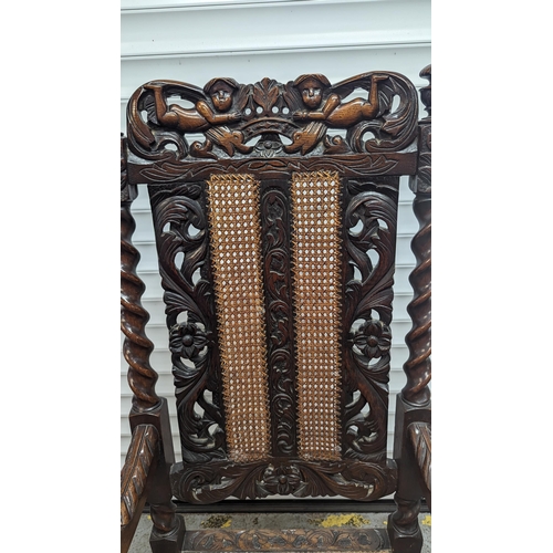 355 - Gothic Revival Carved Oak and Rattan Chair.