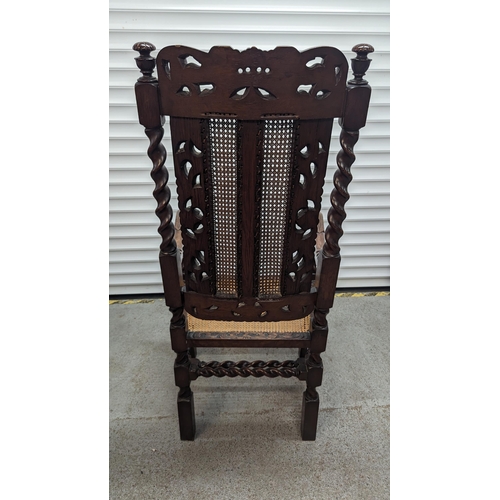 355 - Gothic Revival Carved Oak and Rattan Chair.