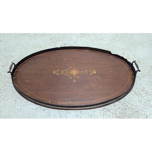 403 - An Antique Inlaid Wooden Butlers Tray (some nibbling to rim). 67cm x 43cm.