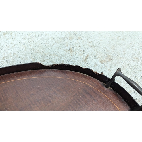 403 - An Antique Inlaid Wooden Butlers Tray (some nibbling to rim). 67cm x 43cm.