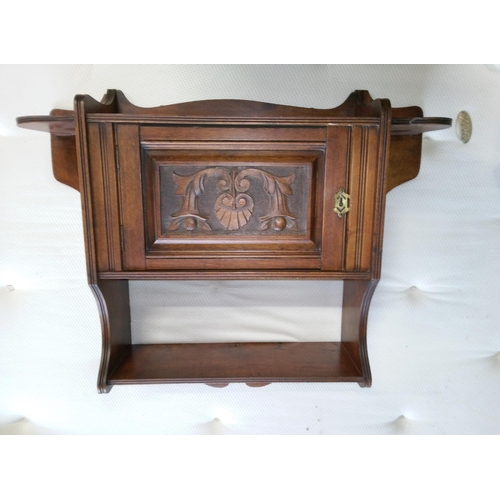 398 - Small Wall Shelf and Cupboard. Dark Wood with Engraving. 60cm H x 70cm W.