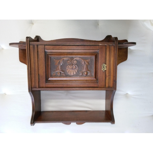 398 - Small Wall Shelf and Cupboard. Dark Wood with Engraving. 60cm H x 70cm W.