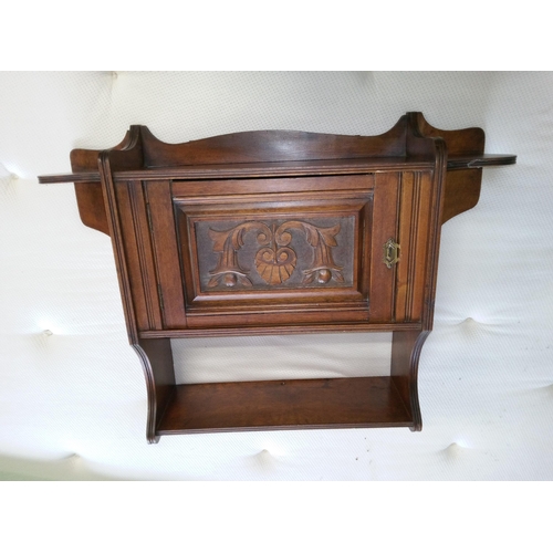 398 - Small Wall Shelf and Cupboard. Dark Wood with Engraving. 60cm H x 70cm W.