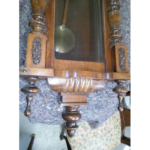 407 - Ornate Dark Wood Wall Clock with Glass Front to Pendulum Case.