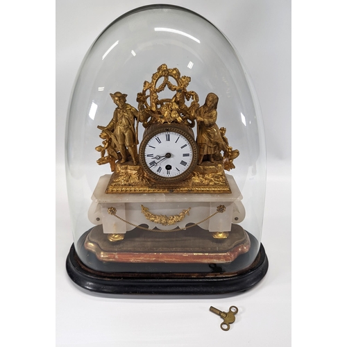 437 - A Circa 1880 French Figural Mantle Clock under Dome. 8 Day Movement. Fine Gilt Spelter Case Depictin... 