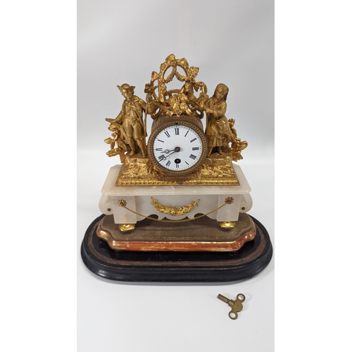 437 - A Circa 1880 French Figural Mantle Clock under Dome. 8 Day Movement. Fine Gilt Spelter Case Depictin... 