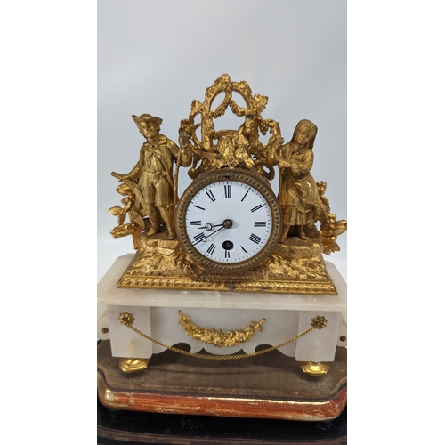 437 - A Circa 1880 French Figural Mantle Clock under Dome. 8 Day Movement. Fine Gilt Spelter Case Depictin... 