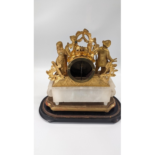 437 - A Circa 1880 French Figural Mantle Clock under Dome. 8 Day Movement. Fine Gilt Spelter Case Depictin... 