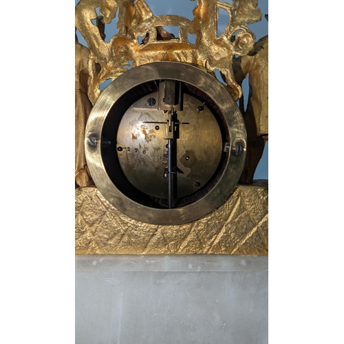 437 - A Circa 1880 French Figural Mantle Clock under Dome. 8 Day Movement. Fine Gilt Spelter Case Depictin... 