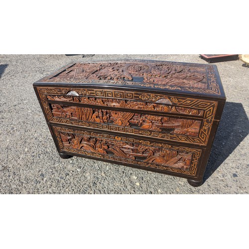 357 - Heavily Carved Chinese Camphor Wood Chest with Drawers on Bun Feet.
