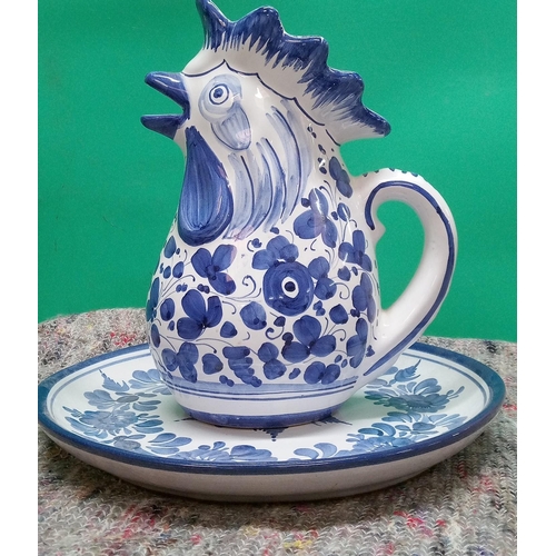 704 - A Studio Pottery Chicken Jug with Plate ( jug 24cm h)