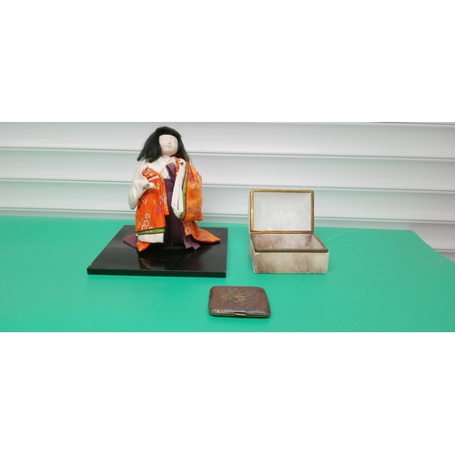 708 - Vintage Japanese Doll, Marble Trinket Box and Compact