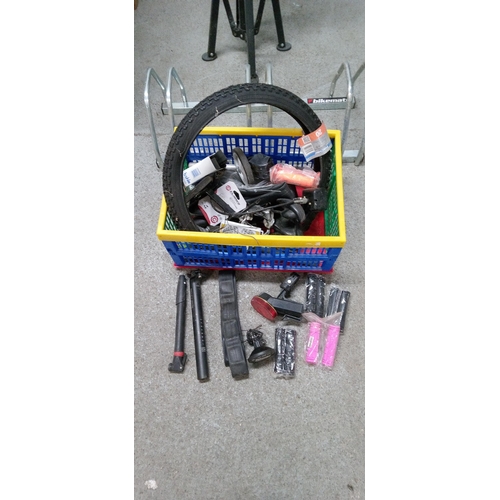 144 - A Bike Work Stand, A 3 Bike Bikemate Rack and a Box of Spares.