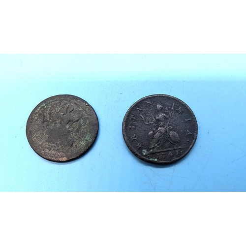 637 - George I Farthing Coin - Possibly 1723 and George ! 1743 Half Penny