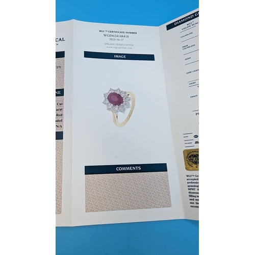 588 - Certificated 18ct yellow gold oval ruby and diamond cluster ring.  Ruby 2.25ct.  Diamonds 1.50ct.  C... 