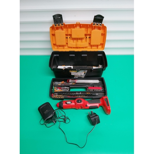 125 - Cordless Black and Decker Drill with Assorted Attachments in a Tool Box.