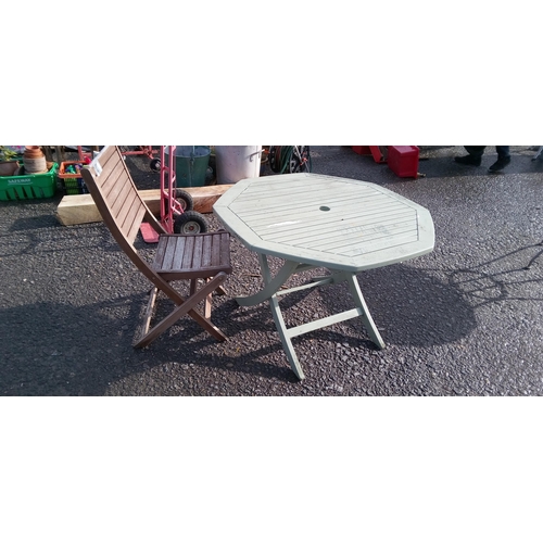 14 - Green Painted Garden Table and a Hard Wood Garden Chair