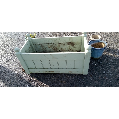 37 - Wooden Planter with a Selection of Assorted Glazed Pots
