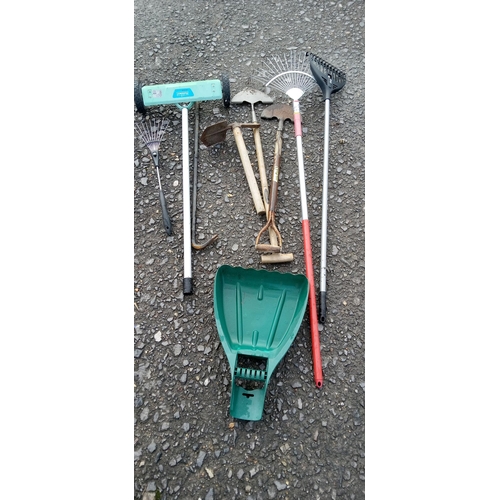 42 - Selection of Garden Tools including Lawn Rake, Wolf Garden Rake and handle, Leaf Collectors and More