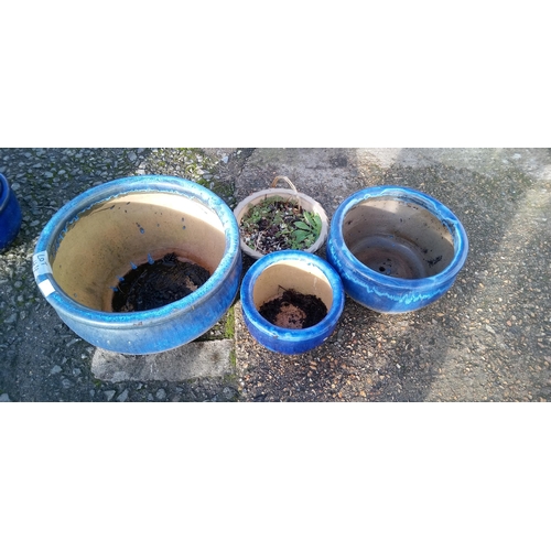 44 - Blue Glazed Pots, three matching and one shallow pot