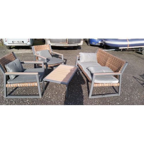 5 - Weaved Leatherette Metal and Wood Garden Sofa, 2 Chairs and a Coffee Table