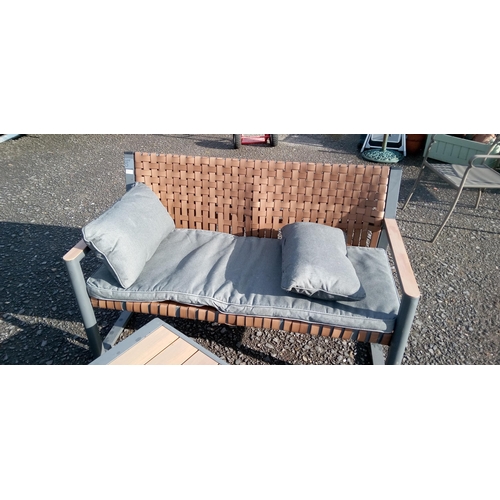5 - Weaved Leatherette Metal and Wood Garden Sofa, 2 Chairs and a Coffee Table