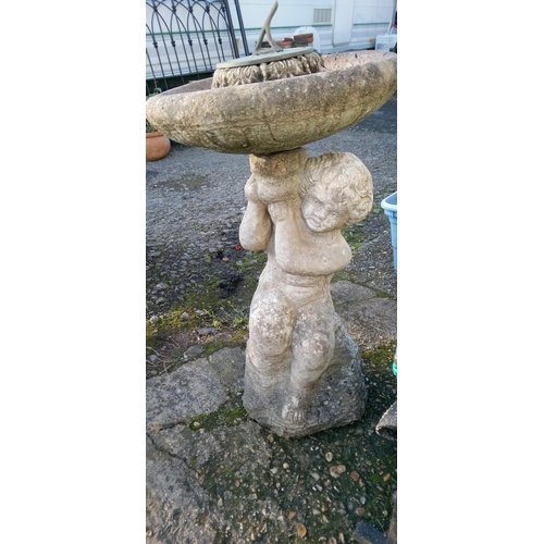 59 - Concrete Bird Bath with Brass Sundial Base with Boy Holding Bird Bath