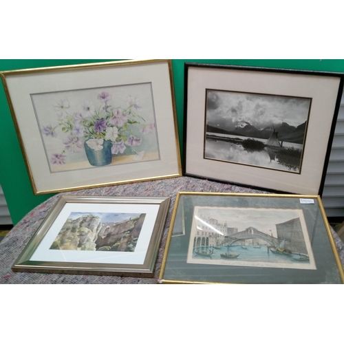 929 - A Watercolour of Flowers and China, A Framed Photo and others