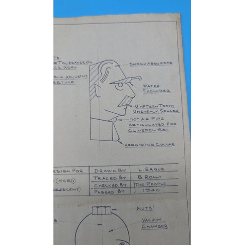 385 - A WWII Era Comic Engineers Blueprint Designs for Adolf Hitler, Neville Chamberlain, Winston Churchil... 