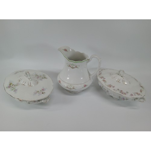 380 - 2 Lidded Serving Dishes and a Large Pitcher. Chip to one lid as pictured.