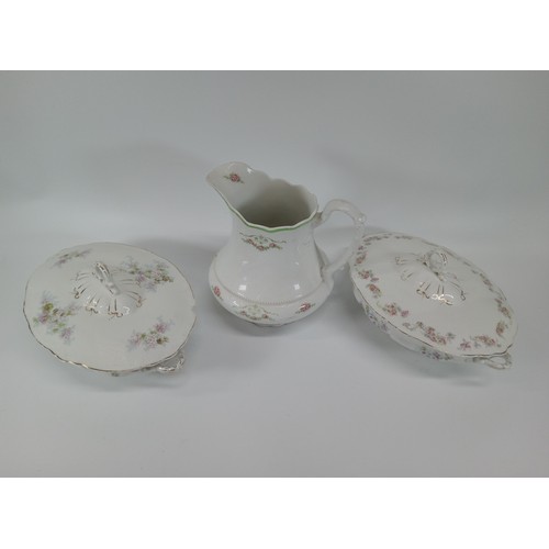 380 - 2 Lidded Serving Dishes and a Large Pitcher. Chip to one lid as pictured.