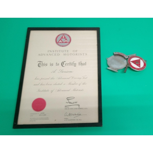 687 - Institute of Advanced Motorists Certificate and Car badge.