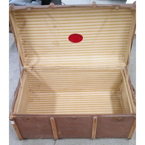 2 - A Wooden Bound Canvas Trunk by A.J Lawrence of Kensington. 50cm H x 95cm W x 56cm D.