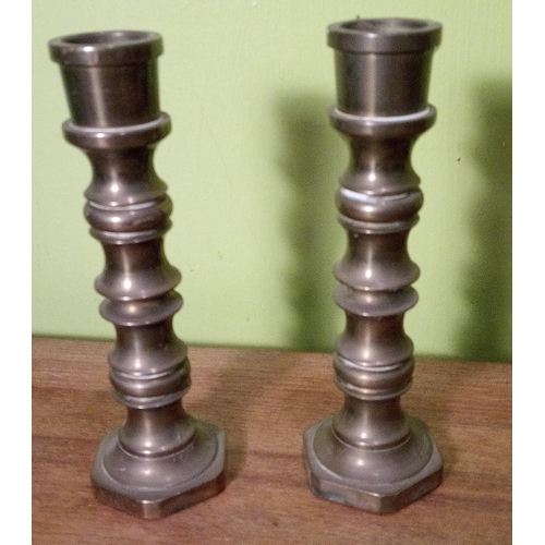 805 - 2 Pairs of Candlesticks. 1 Pair Heavy Turned Brass and the other is a Pair of Wooden Turned Candlest... 