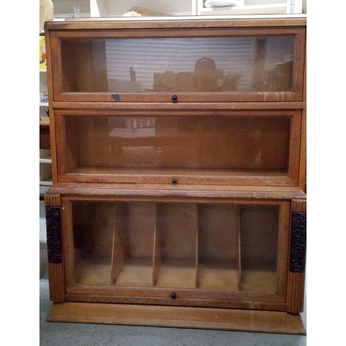 715 - Antique Library with 3 Compartments and Carved Panels. 110cm H x 90cm W x 37cm D.