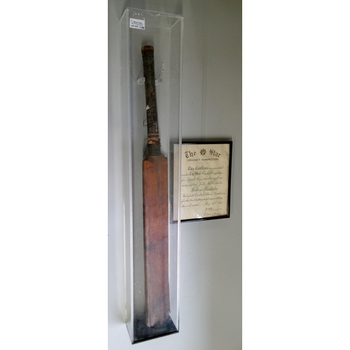 815 - A Cricket Bat in Display Case with Jack Hobs Signature and Certificate that is dated 1927 and also h... 