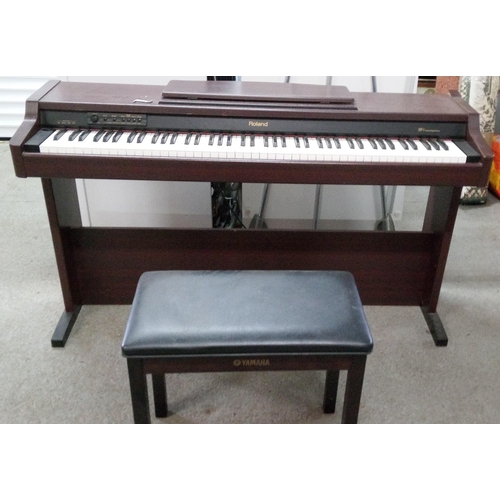 325 - A Roland HP-1 Digital Piano with Foot Pedals and Stool. 82cm H x 139cm W x 43cm D.