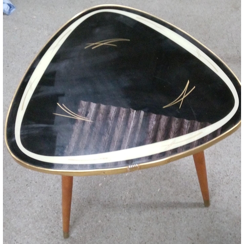 721 - A Mid Century Triangle Lamp Table with Spade Legs and Rounded Corners. Glass Topped with Black and G... 